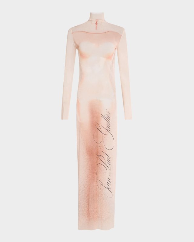 Le Classique Print Turtleneck Mesh Maxi Dress